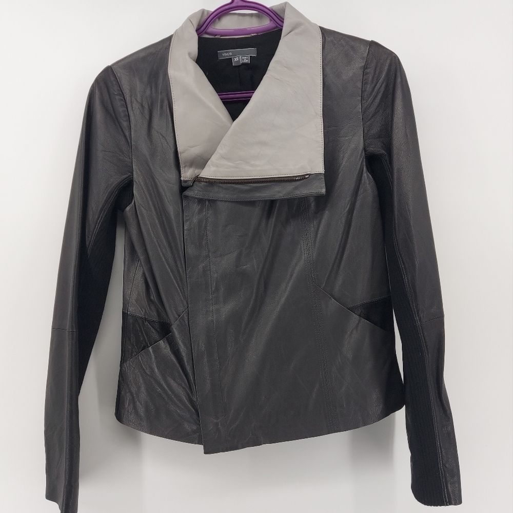 Vince Lamb Leather Biker Moto Jacket Black & Gray Size XS With Pockets